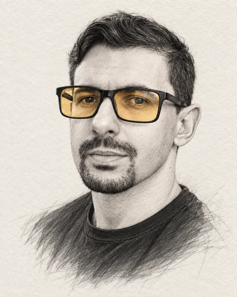 Pencil drawing of Daniel Paz with yellow-tinted glasses